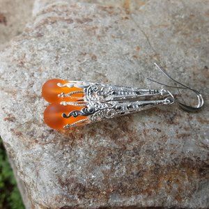 Citrus Orange glass teardrop earrings - Victorian styled vintage long jewelry